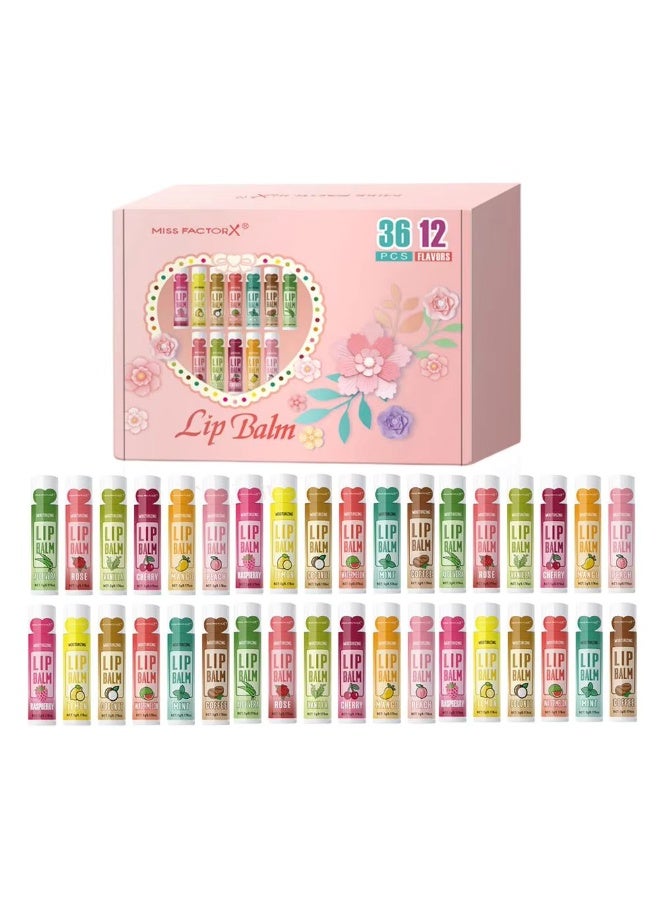 مجموعة هدايا مرطب الشفاه من ميس فاكتور إكس - 36 قطعة، 12 نكهة فواكه، علبة للعناية بالشفاه مرطبة ولامعة - Image 2